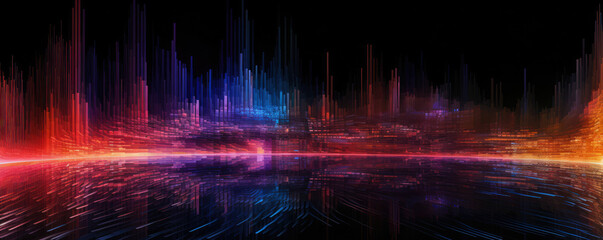Wide panorama of a digital data stream flowing in a monochromatic, radiant, neon onyx tone