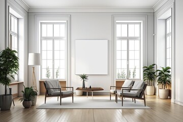 View of the front of a light filled living room that features two empty white posters, armchairs, a large window, a wooden wall, and hardwood flooring. minimalist design principle. Site of the meeting