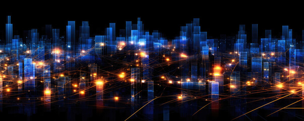 Abstract panorama of a stylized digital network, presented as interconnected nodes in radiant, neon cerulean against a dark backdrop