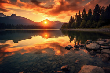 Picture a captivating scene of a tranquil lake at sunset. AI generative