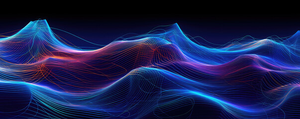 Fototapeta premium Panoramic depiction of a digital wave pattern represented in electric, neon lapis lazuli hues