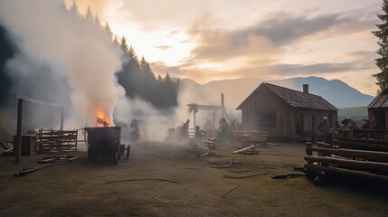 Professional lighting equipment on the movie set with smoke in the air Generative AI