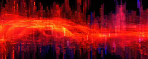 Wide panorama of a digital data stream flowing in a vibrant, neon vermillion tone