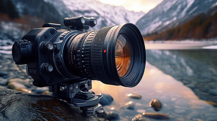 Professional movie camera lens on a movie set Generative AI - obrazy, fototapety, plakaty