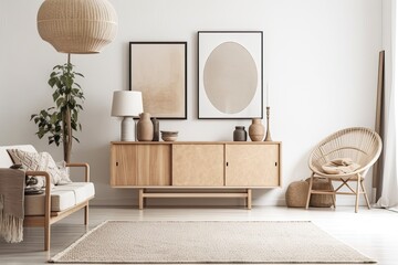 With a mock up poster frame, a beige wooden sideboard, and furnishings with a bohemian influence, this contemporary and creative beige living room is composed. Template. Generative AI