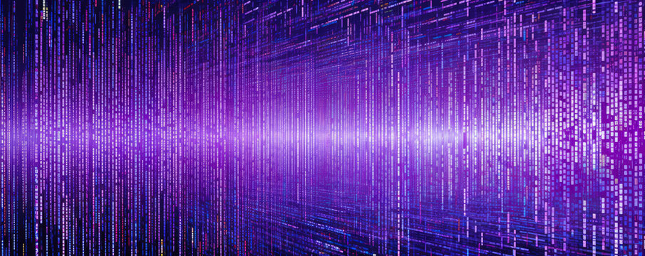 Wide, panoramic representation of a flowing binary code stream in a vibrant, neon lavender hue