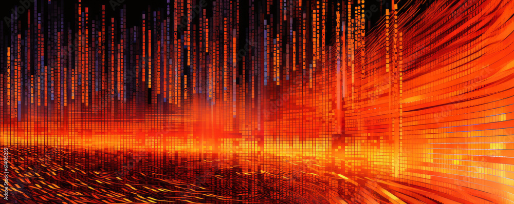 Wall mural wide, panoramic representation of a flowing binary code stream in a vibrant, neon tangerine hue