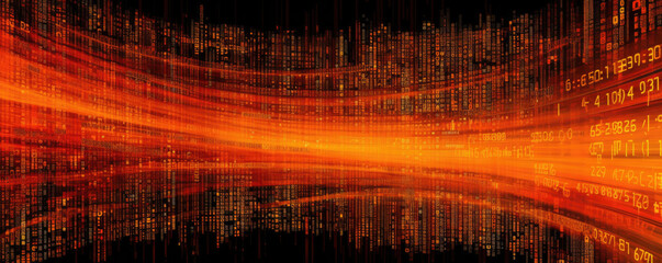 Wide, panoramic representation of a flowing binary code stream in a vibrant, neon tangerine hue