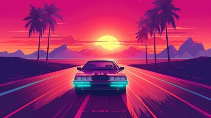 Retro car of the 90s moves along the highway in the rays of a tropical sunset, the concept of travel, Generative AI