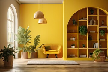 Yellow toned interior design background concept idea. Plaster walls, parquet floors, and a wooden arching bookshelf decorate an empty living room. potted plants, books, and décor. Generative AI