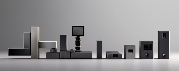 Simplicity meets technology in a minimalist panorama of sleek, monochromatic hardware components
