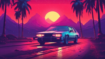 Obraz na płótnie Canvas Retro car of the 90s moves along the highway in the rays of a tropical sunset, the concept of travel, Generative AI