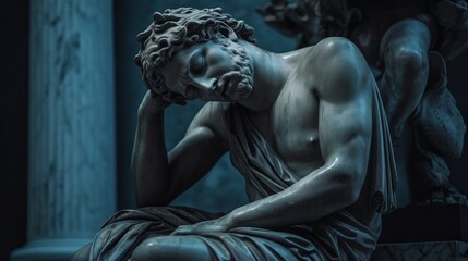 a photo of a huge great statue of a beautiful greek god sad thinking. handsome ancient man with a athletic muscular body. curly hair and very emotional. Generative AI