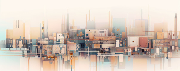 A serene panoramic view of minimalistic circuitry patterns against a backdrop of soft pastel hues
