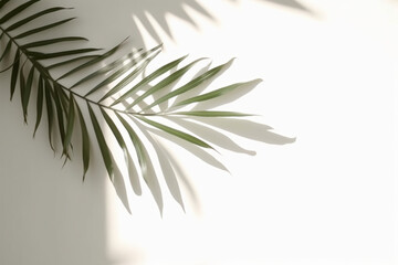 Fototapeta premium Shadow from palm leaves on a white wall background. AI generative