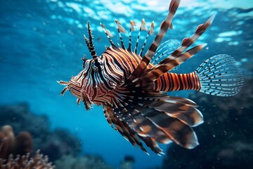 Fototapeta na wymiar beautiful lion fish hovering in mid water. made with Generative AI 