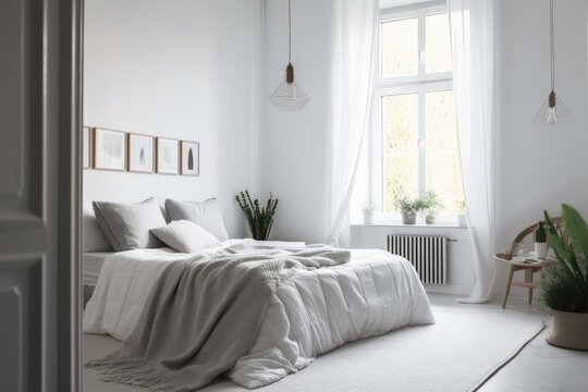 White wall, ottoman, soft gray carpet, double bed, lamp with plant in bedroom, furniture with accessories, window with curtains. Scandinavian design, contemporary minimalism, and real estate blog adve