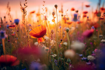 Fototapeta na wymiar Summer flower field close up with wild romantic sunset. AI generative