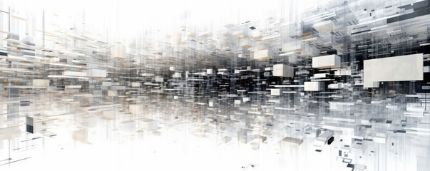 Panoramic view of white abstract data visualizations, portraying the beauty and complexity of information technology