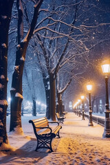 Fototapeta na wymiar Winter park at night with trees covered with snow, benches and lanterns. AI generative