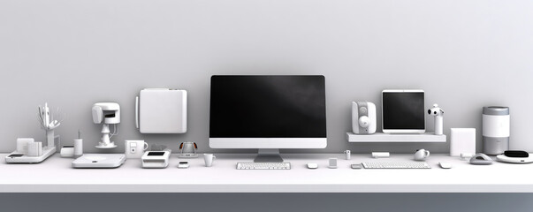 A minimalist panorama featuring white technological devices arranged in a sleek and orderly manner, emphasizing efficiency
