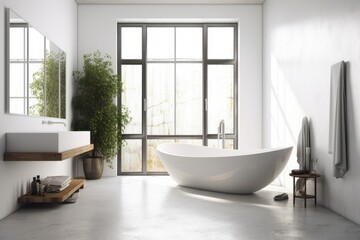 Naklejka na ściany i meble White bathroom with a contemporary bathtub and faucet. Generative AI