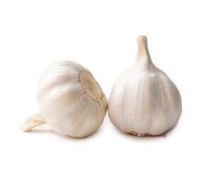 Two fresh white garlic bulbs isolated on white background with clipping path and shadow in png file format, Thai herb is great for healing several severe diseases, heart attack