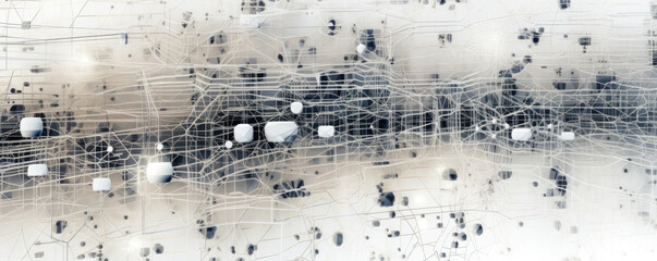 Panoramic view of white abstract circuitry patterns intertwining, representing the interconnectedness of technology