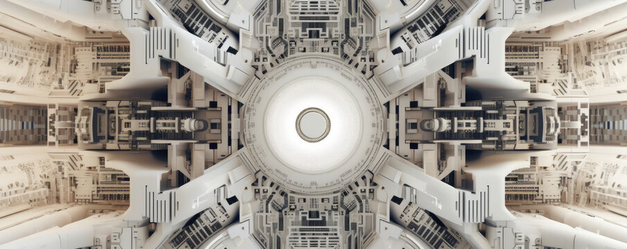 Panoramic view of white circuitry patterns converging into a focal point, symbolizing the convergence of technology and creativity