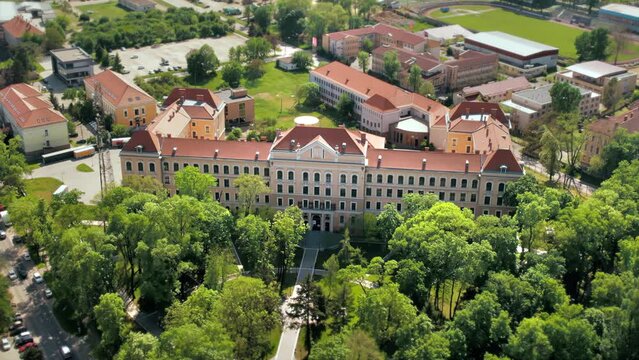 Aerial drone view of Oradea, Romania. View of the museum with square full of greenery in front of it