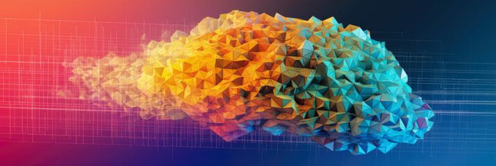abstract panorama of a stylized human brain made from digital pixels, against a vibrant gradient background, symbolizing neurology