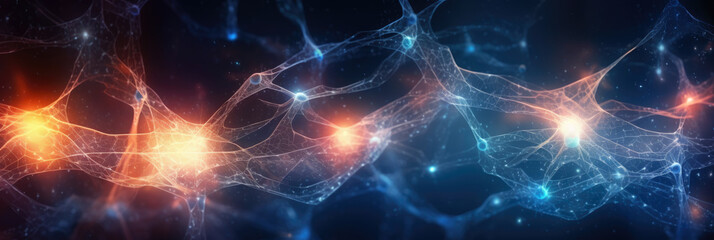 abstract panorama depicting a network of interconnected neurons, glowing against a dark background, symbolizing neuroscience