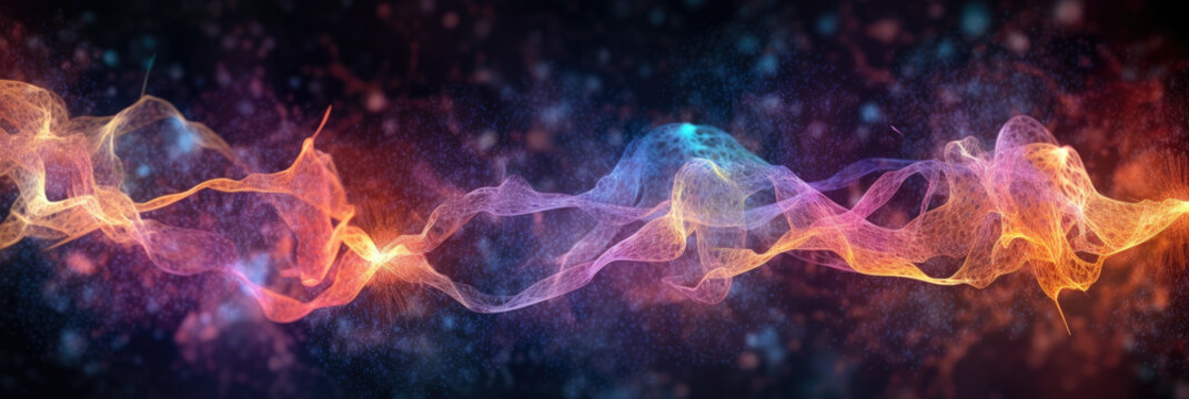 abstract panoramic wallpaper of an artistic rendering of synapses firing in a neural network, against a dark background