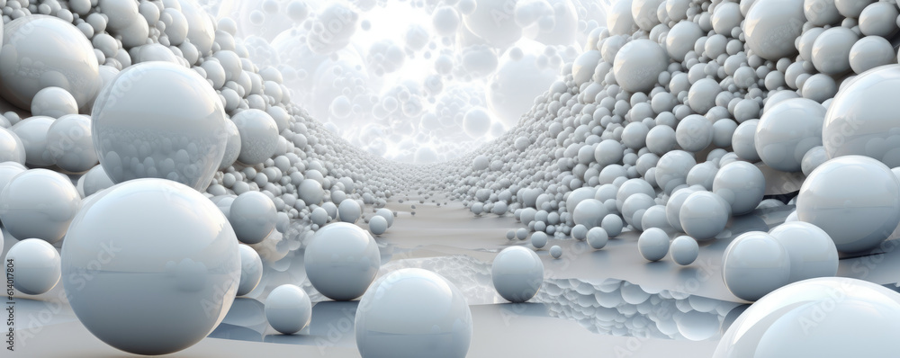 Wall mural panoramic view of white abstract data spheres floating in a digital space, symbolizing the infinite 