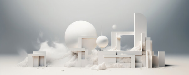 A minimalist panorama featuring white abstract shapes inspired by technological elements, evoking a sense of innovation