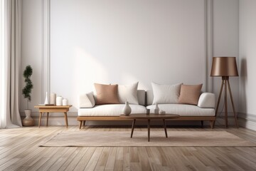 White wall is blank, and the carpet and sofa are on a wooden floor. an interior living room illustration. Generative AI
