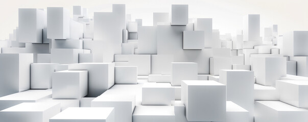 A minimalist panorama featuring white abstract geometric shapes, symbolizing the building blocks of technological innovation