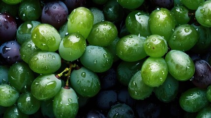 Fresh Grapes seamless background, adorned with glistening droplets of water. Top down view.