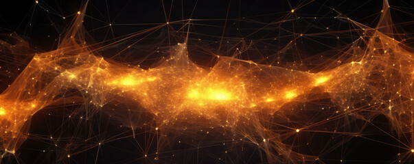 Abstract panorama of a stylized digital network, presented as interconnected nodes in radiant, neon amber against a dark backdrop