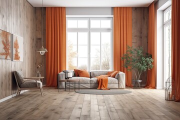Fototapeta na wymiar White and orange toned wooden antique living room. Parquet flooring, decorations, and a mock up of a wall design of a farmhouse interior. Generative AI