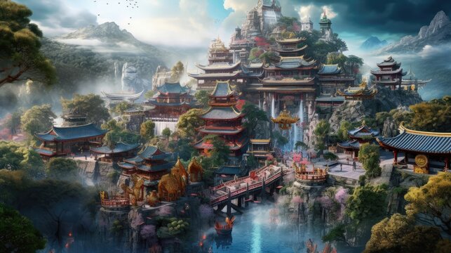 Spectacular Epic Vista Of Overly Glorious Trippy Ancient Ritual Zhangjiajiei, Vibrant , Beautiful Oriental Fantasy , Fine Details 