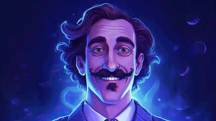 an anime face with blue lights, playful caricature, hyper-realistic details, 2d game art, purple