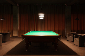 Empty green billiard table in club. Pool Game