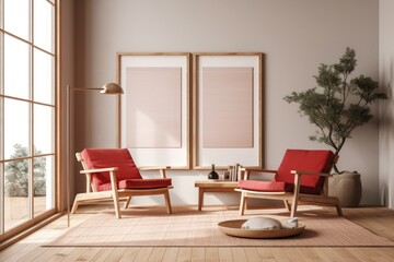 Wooden frame mockup, close up of a warm, reddish toned living room with lounge chairs, a rattan toilet, and parquet. minimalist interior design from Scandinavia. Generative AI