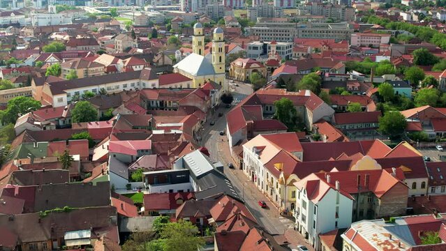 Aerial drone view of Oradea downtown, Romania. Cityscape with multiple historical buildings made in classic style