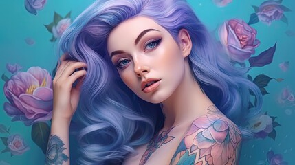 a beautiful young woman in blue and violett, Pin-up-Pose, in the style of tattoo-inspired, kawaii aesthetic, light violett and dark amber
