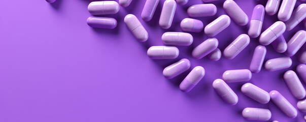 Panoramic image of simple, minimalist pharmaceutical capsules against a radiant, vibrant purple backdrop