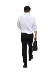 Naklejka premium Businessman with briefcase walking on white background, back view
