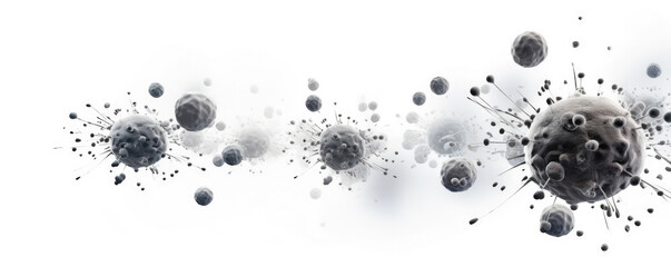 Panoramic view of simple, minimalist stylized virus particles floating against a clean white background - obrazy, fototapety, plakaty