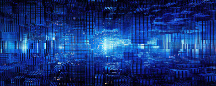Wide, panoramic visualization of a simplistic digital matrix, rendered in electric blue tones